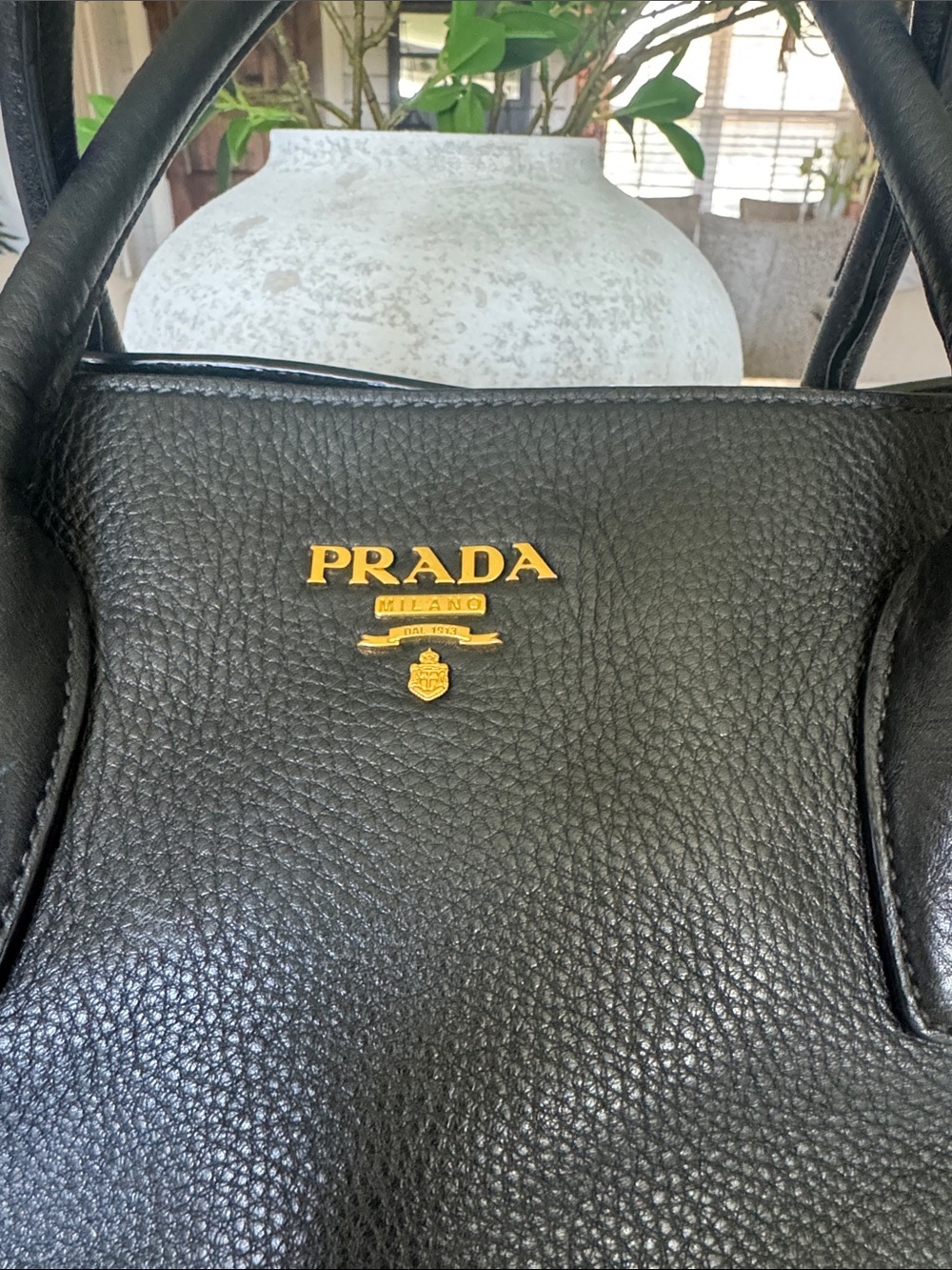 Prada Black Pebbled Leather Satchel with Gold Logo and Strap - Picture 2 of 14